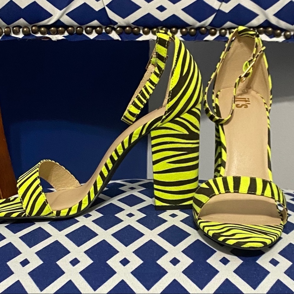 Neon Green Zebra Print Chunky Heel Sandals(just reduced)